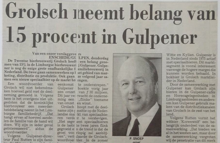 Artikel - Grolsch neemt belang in Gulpener