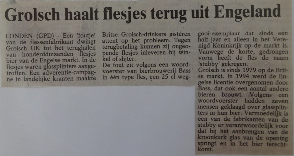 Artike; - Grolsch haalt flesjes terug