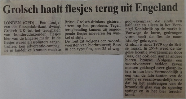 Artike; - Grolsch haalt flesjes terug